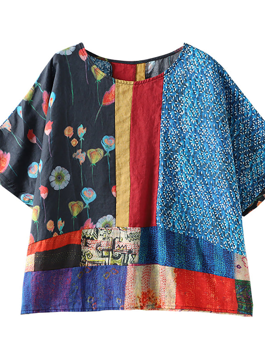 Sommer-T-Shirt aus Leinen mit Blumenmuster für Damen in Übergröße