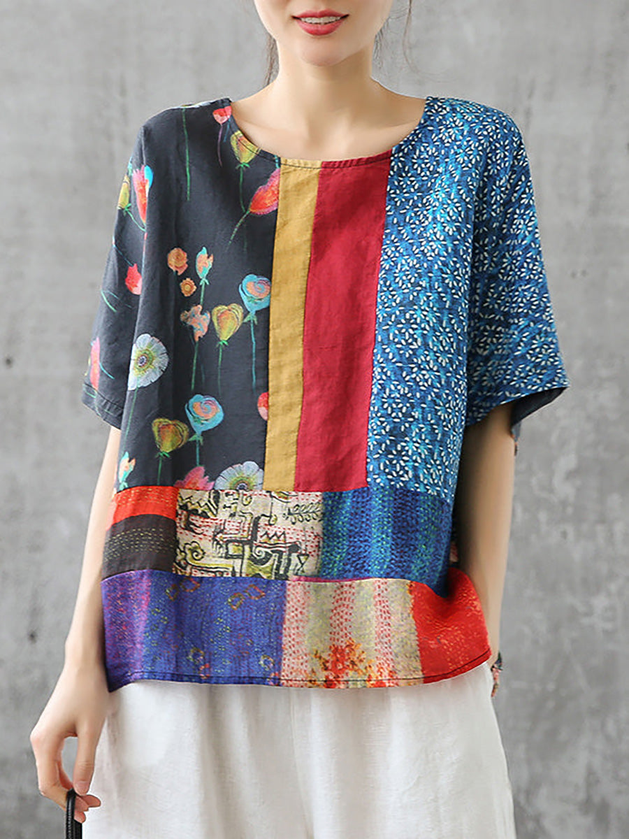 Sommer-T-Shirt aus Leinen mit Blumenmuster für Damen in Übergröße