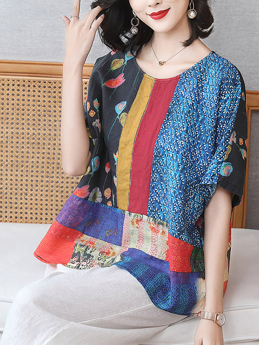 Sommer-T-Shirt aus Leinen mit Blumenmuster für Damen in Übergröße