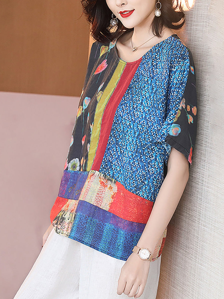 Sommer-T-Shirt aus Leinen mit Blumenmuster für Damen in Übergröße