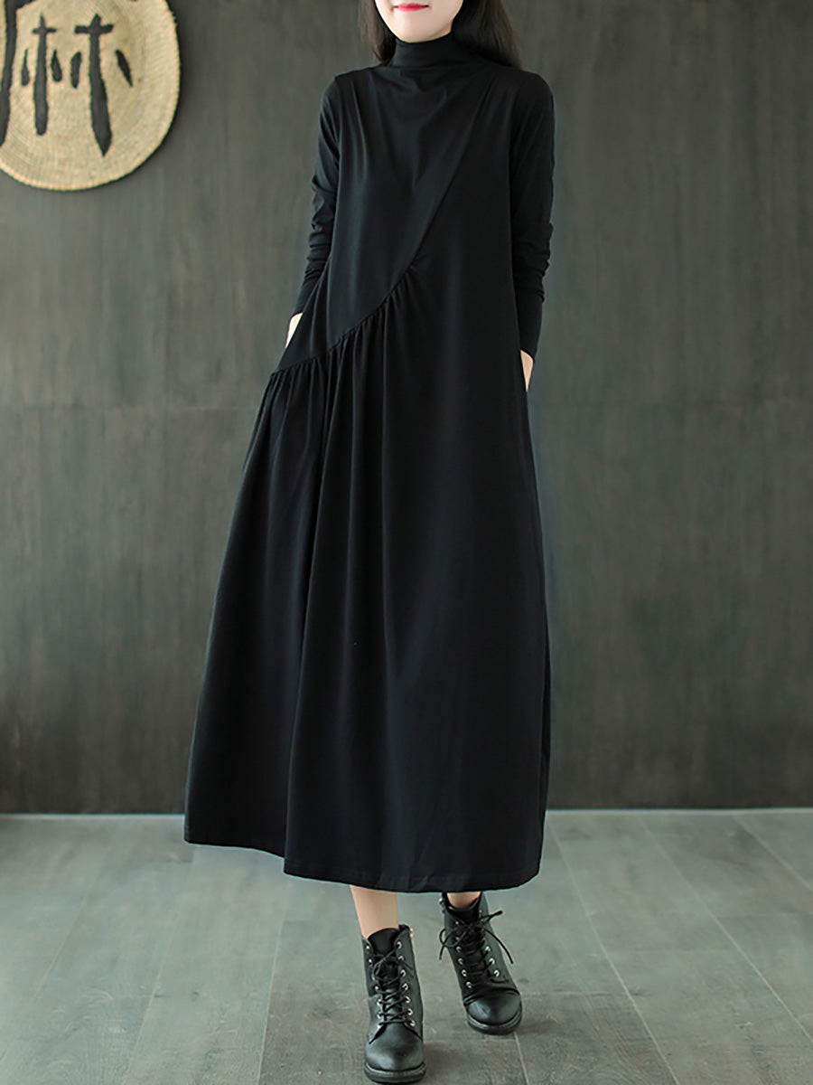 Große Größen - Einfarbiges, drapiertes Kleid mit hohem Ausschnitt