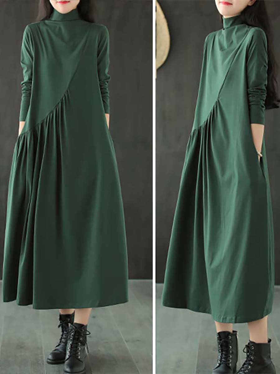 Große Größen - Einfarbiges, drapiertes Kleid mit hohem Ausschnitt