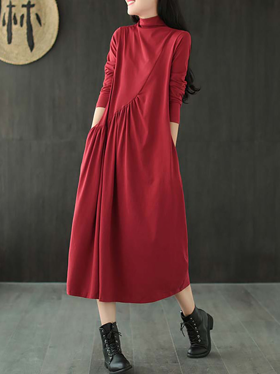Große Größen - Einfarbiges, drapiertes Kleid mit hohem Ausschnitt