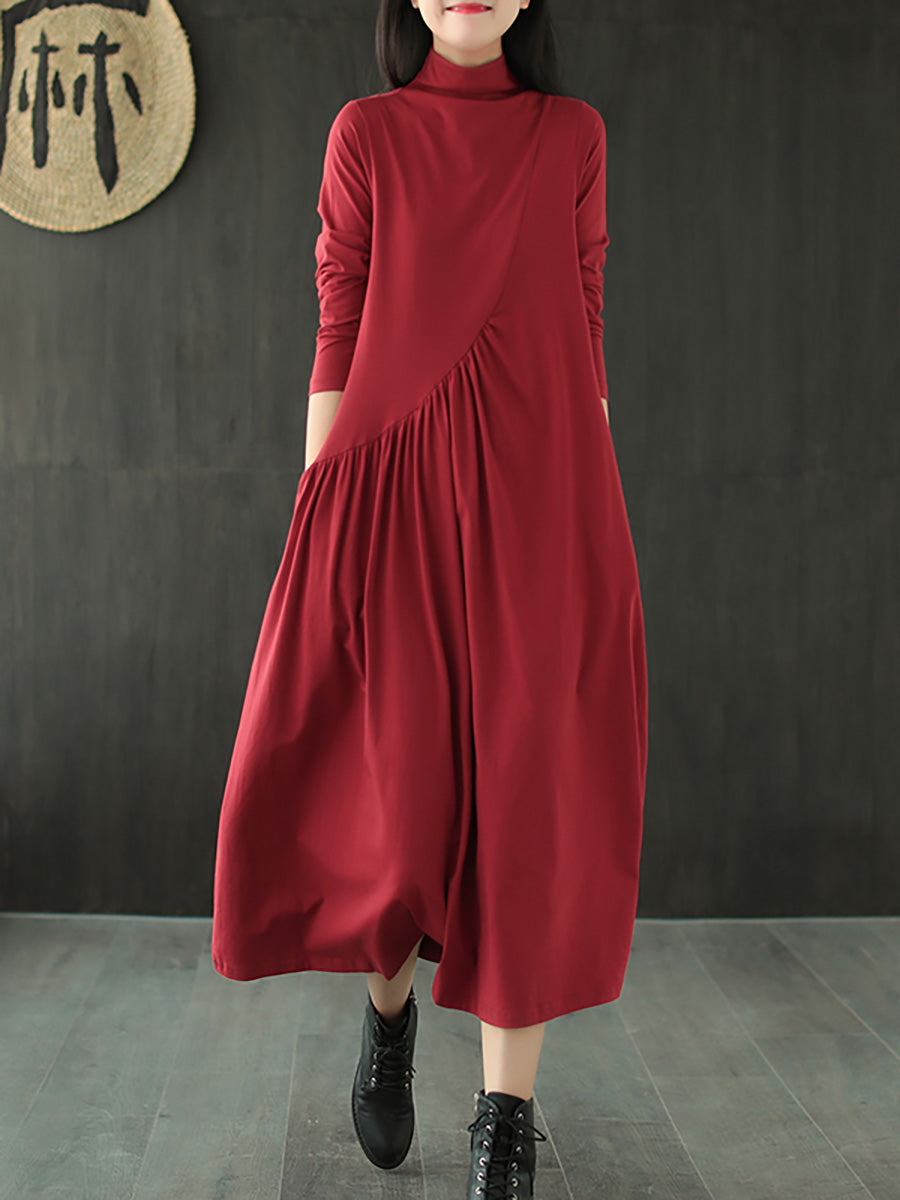 Große Größen - Einfarbiges, drapiertes Kleid mit hohem Ausschnitt