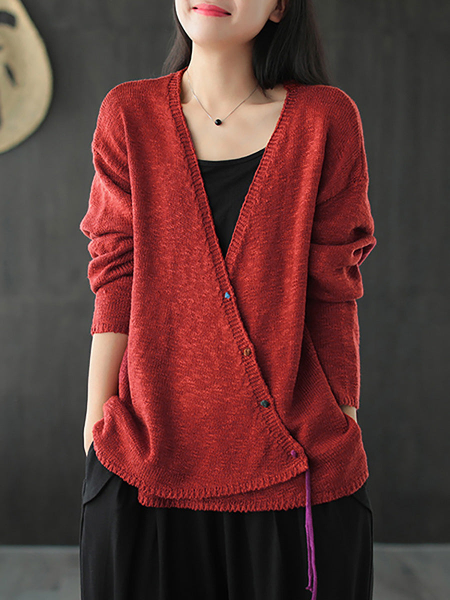 Übergröße - Gestrickter Retro-Pullovermantel mit V-Ausschnitt für Damen in reiner Farbe