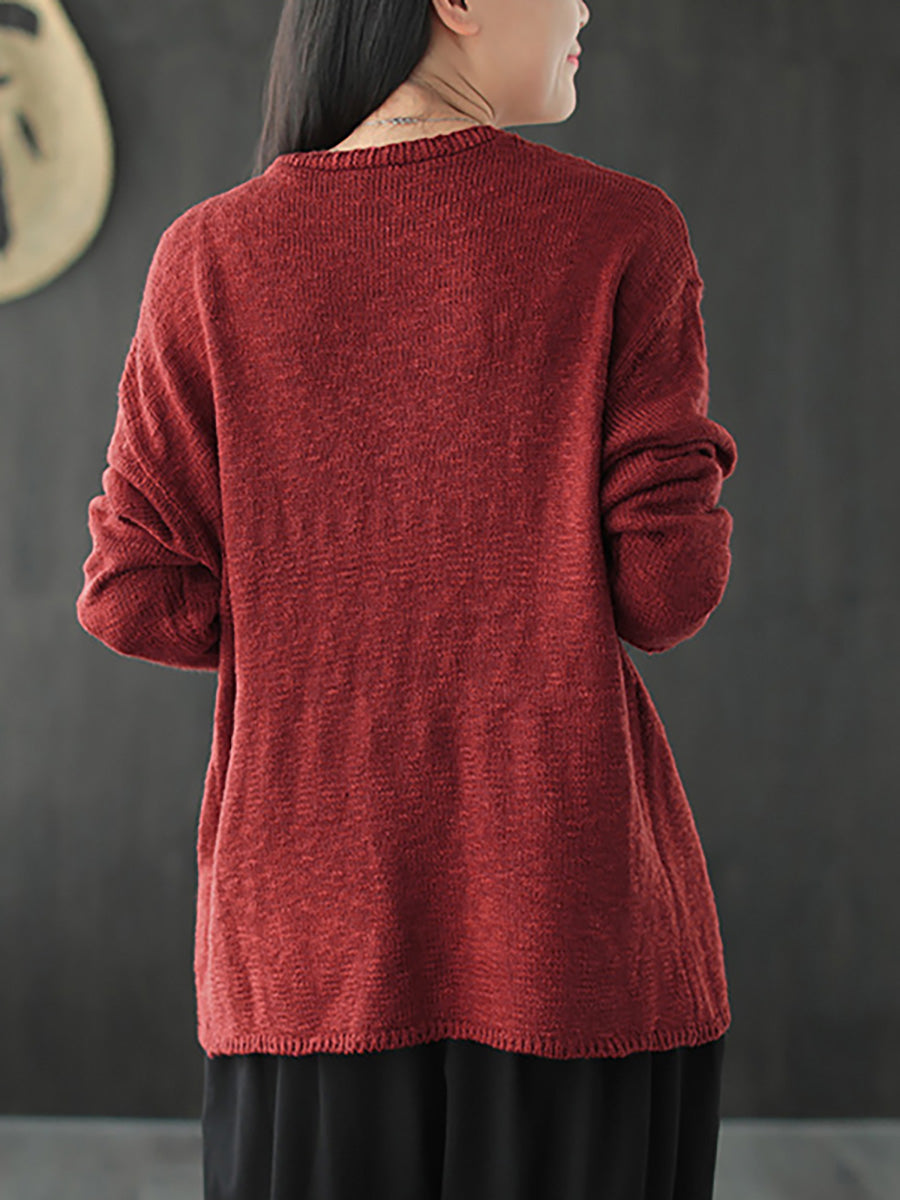 Übergröße - Gestrickter Retro-Pullovermantel mit V-Ausschnitt für Damen in reiner Farbe