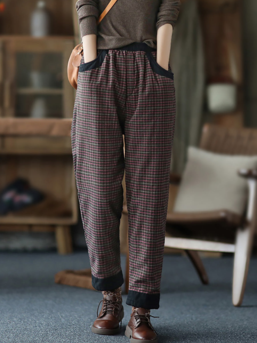 Übergröße Damenhose aus Baumwollleinen mit Karomuster und elastischer Taille