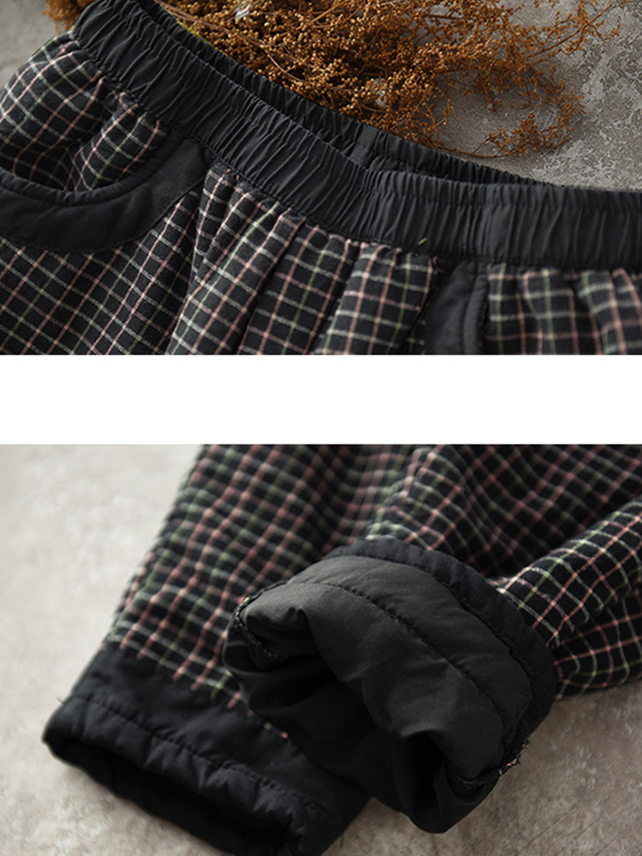 Übergröße Damenhose aus Baumwollleinen mit Karomuster und elastischer Taille