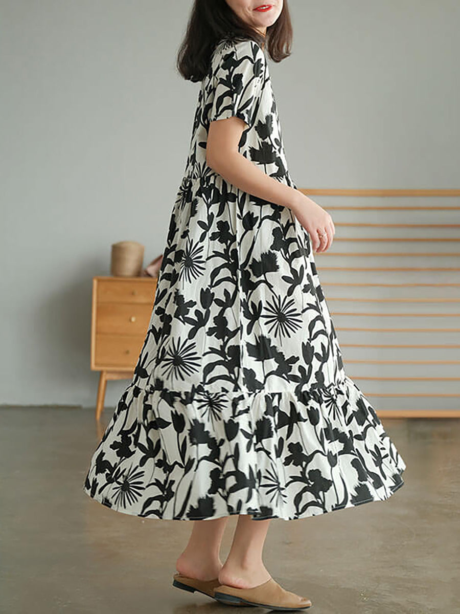 Plus Size 100 % Baumwolle Damen O-Ausschnitt Blumenkleid
