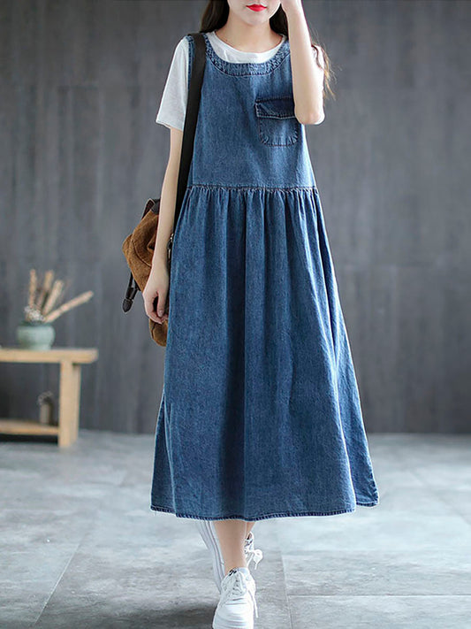 Große Größen - Langes ärmelloses Trägerkleid aus Denim mit Plissee