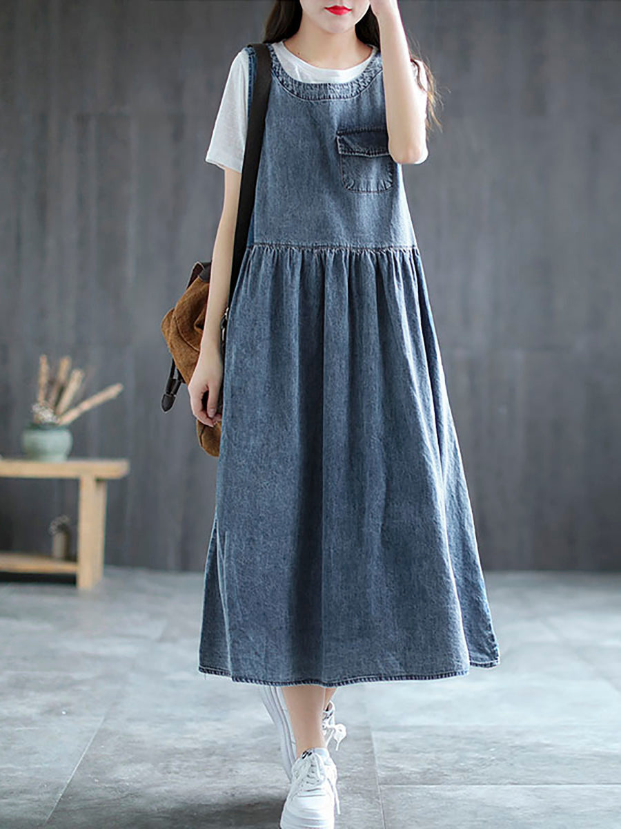 Große Größen - Langes ärmelloses Trägerkleid aus Denim mit Plissee