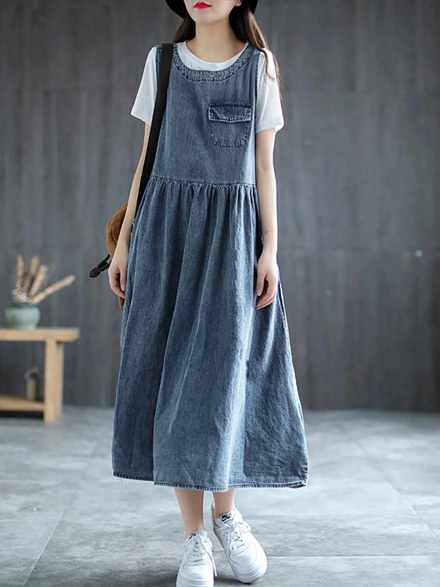 Große Größen - Langes ärmelloses Trägerkleid aus Denim mit Plissee