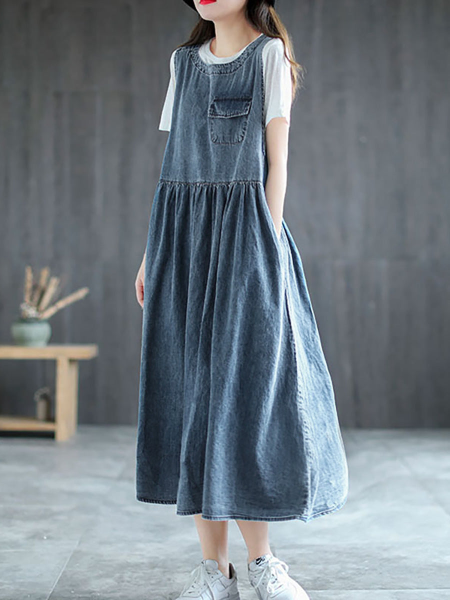 Große Größen - Langes ärmelloses Trägerkleid aus Denim mit Plissee