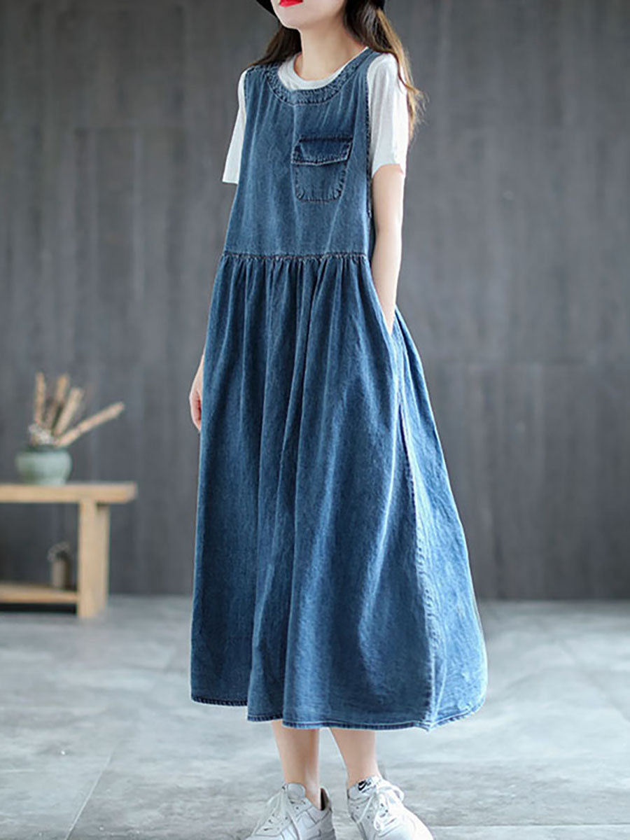 Große Größen - Langes ärmelloses Trägerkleid aus Denim mit Plissee