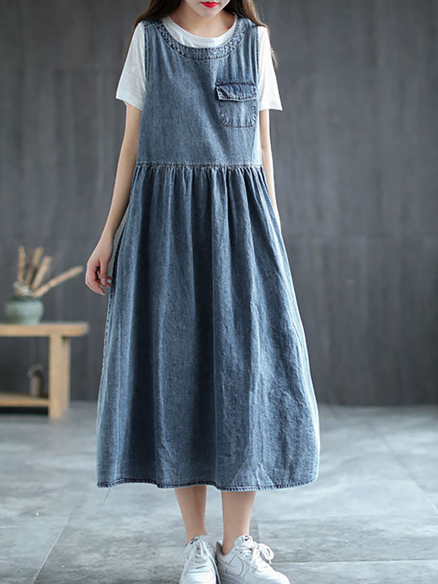 Große Größen - Langes ärmelloses Trägerkleid aus Denim mit Plissee