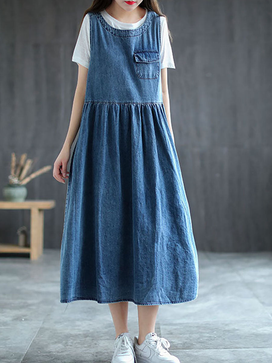 Große Größen - Langes ärmelloses Trägerkleid aus Denim mit Plissee