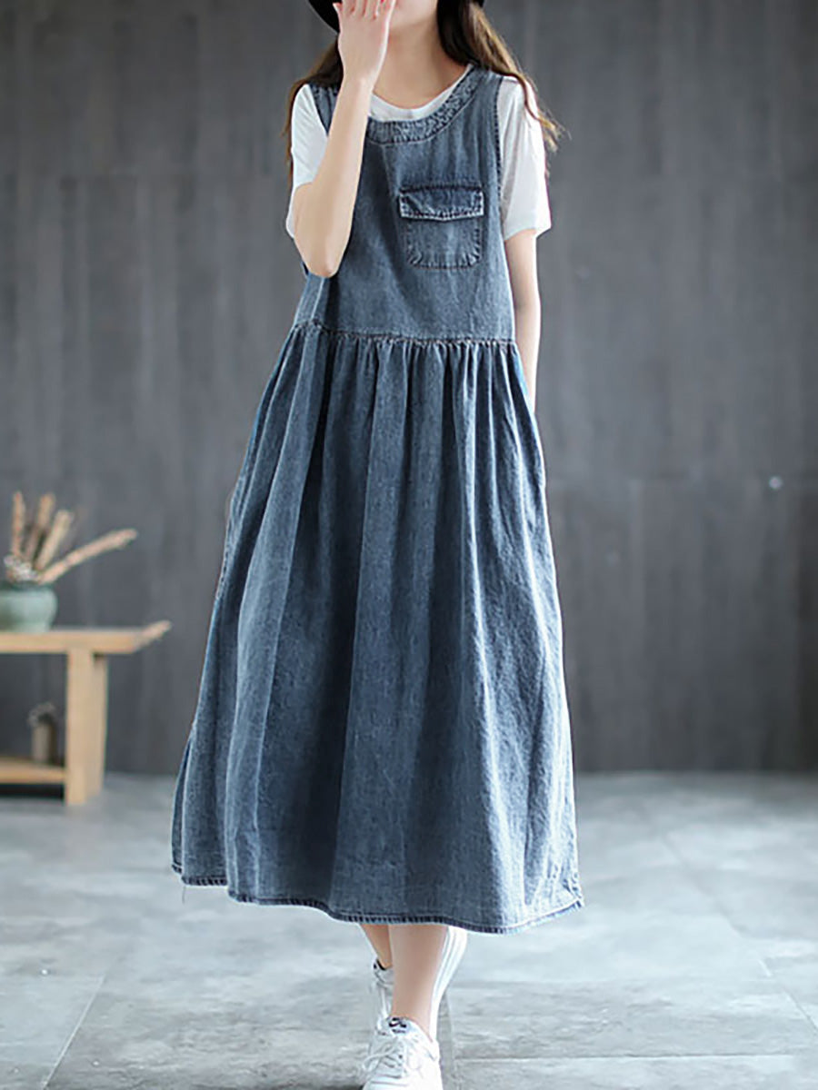 Große Größen - Langes ärmelloses Trägerkleid aus Denim mit Plissee