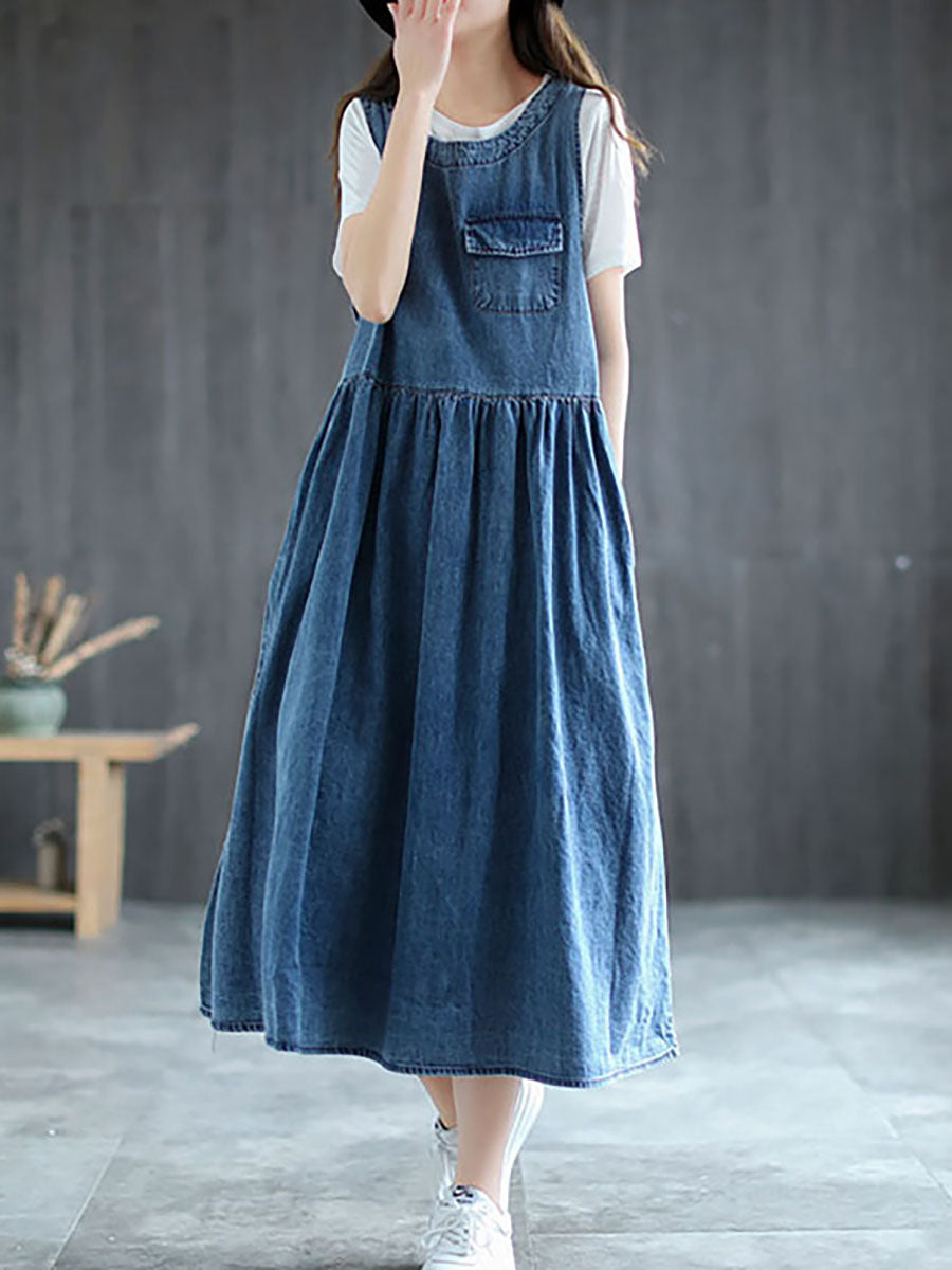 Große Größen - Langes ärmelloses Trägerkleid aus Denim mit Plissee