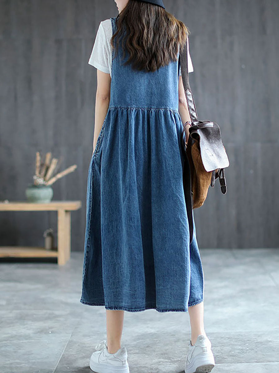 Große Größen - Langes ärmelloses Trägerkleid aus Denim mit Plissee