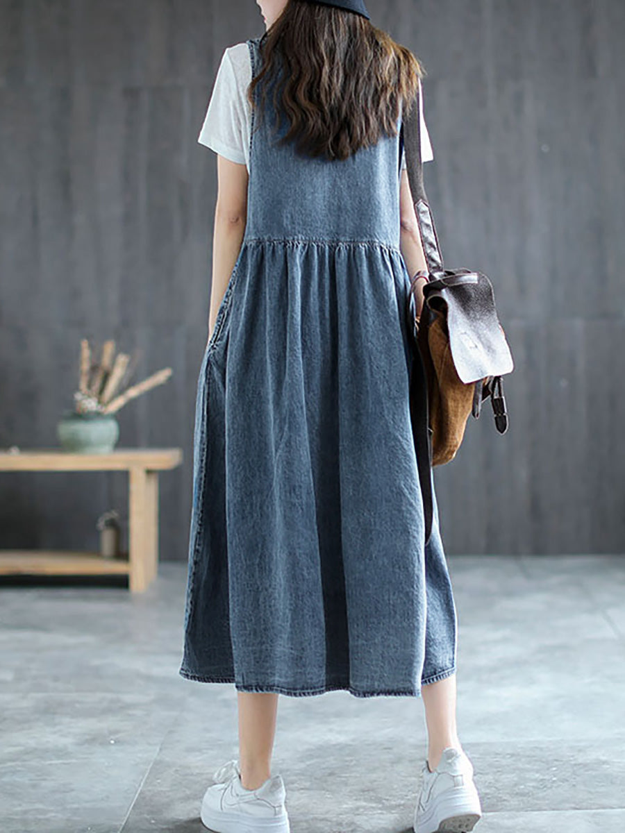 Große Größen - Langes ärmelloses Trägerkleid aus Denim mit Plissee