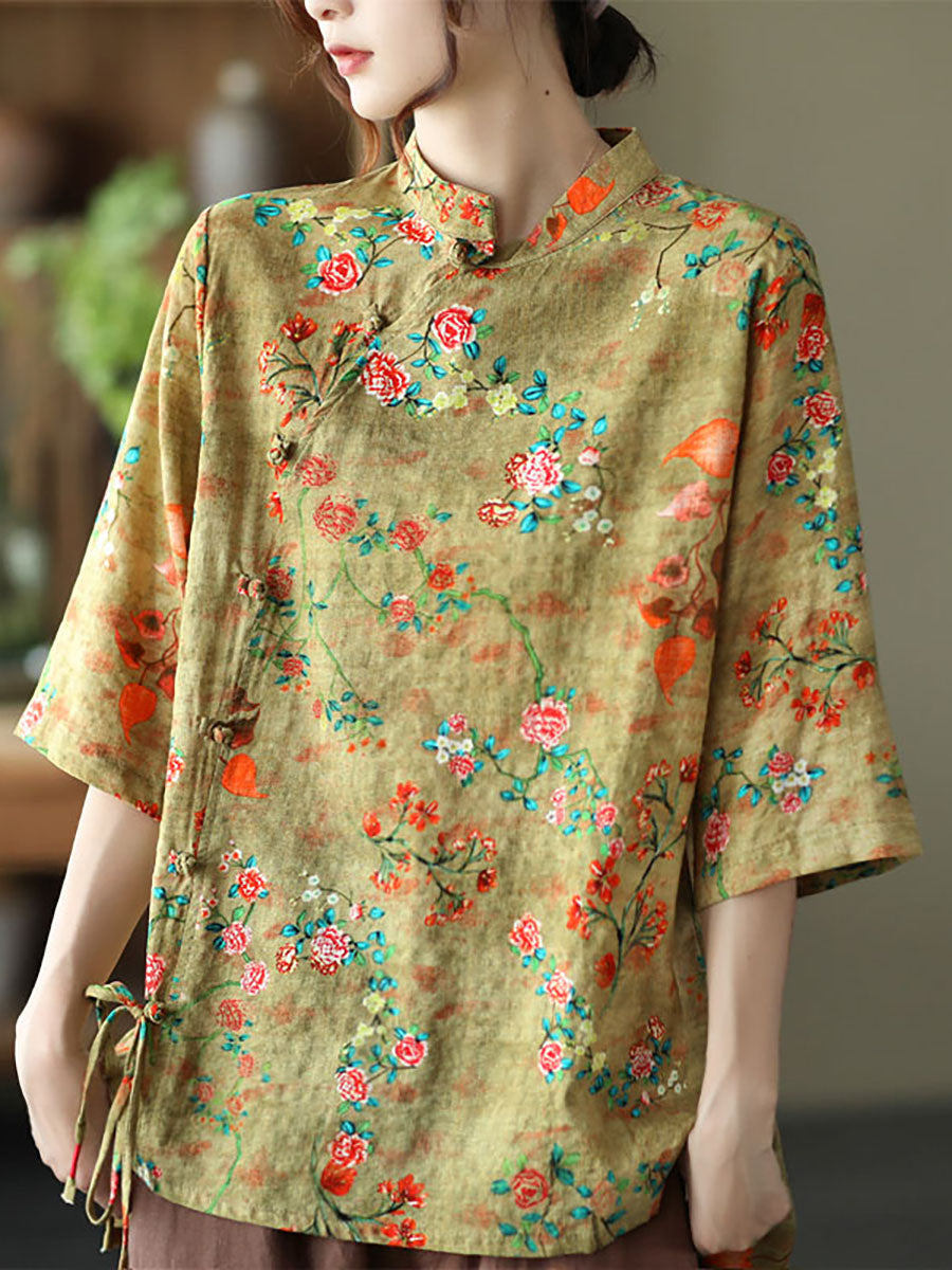 Große Größen - Baumwoll-Leinen-Hemd mit unregelmäßigem Blumenmuster im Vintage-Stil