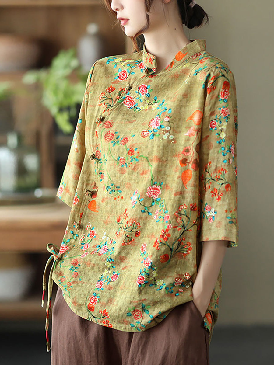 Große Größen - Baumwoll-Leinen-Hemd mit unregelmäßigem Blumenmuster im Vintage-Stil