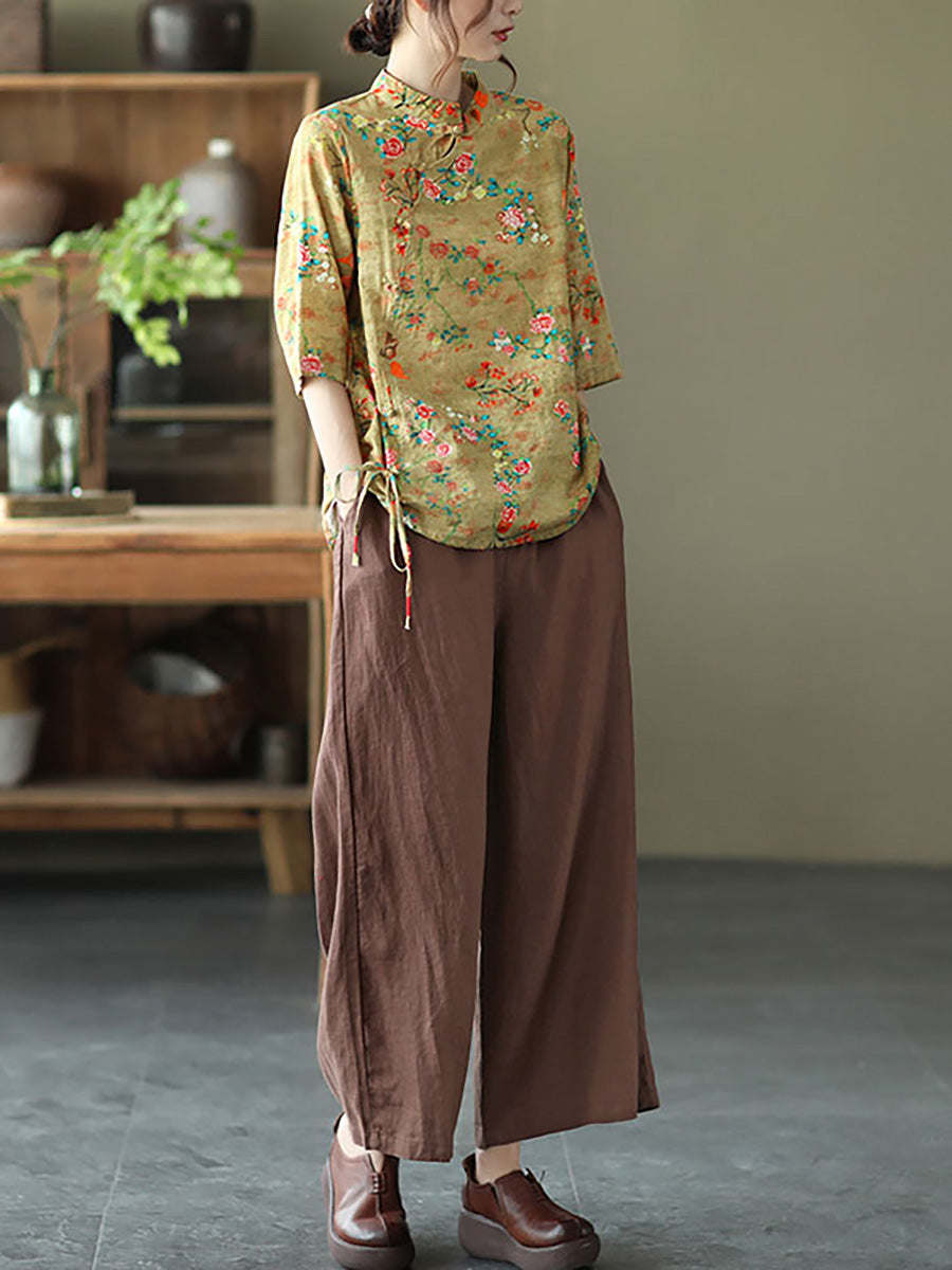 Große Größen - Baumwoll-Leinen-Hemd mit unregelmäßigem Blumenmuster im Vintage-Stil