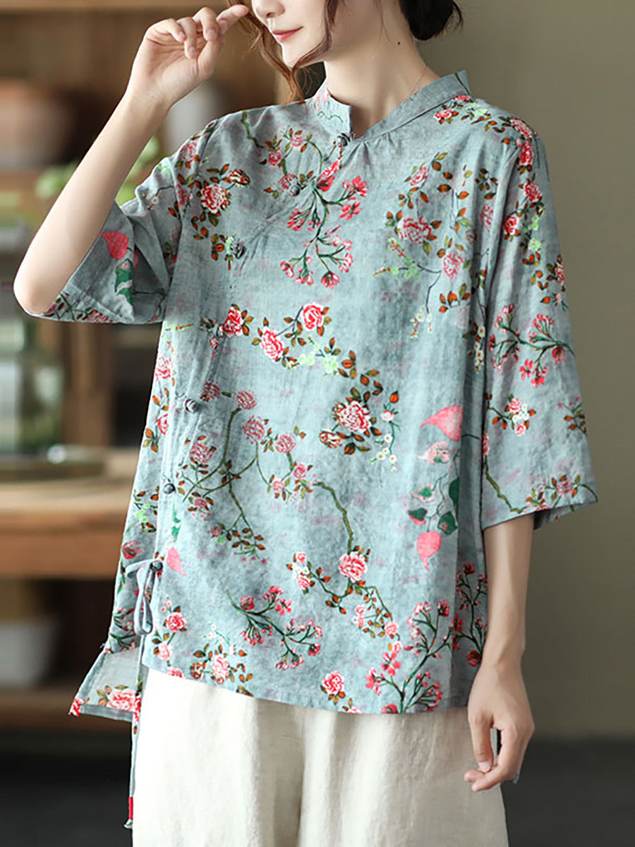 Große Größen - Baumwoll-Leinen-Hemd mit unregelmäßigem Blumenmuster im Vintage-Stil
