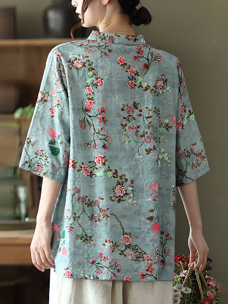 Große Größen - Baumwoll-Leinen-Hemd mit unregelmäßigem Blumenmuster im Vintage-Stil