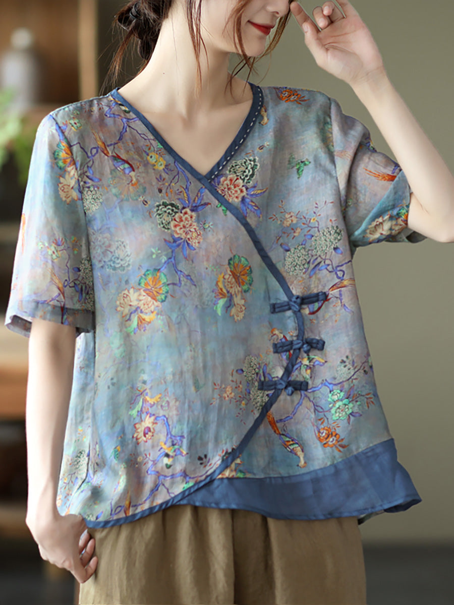 T-shirt en ramie à manches courtes et col en V avec coutures vintage grande taille