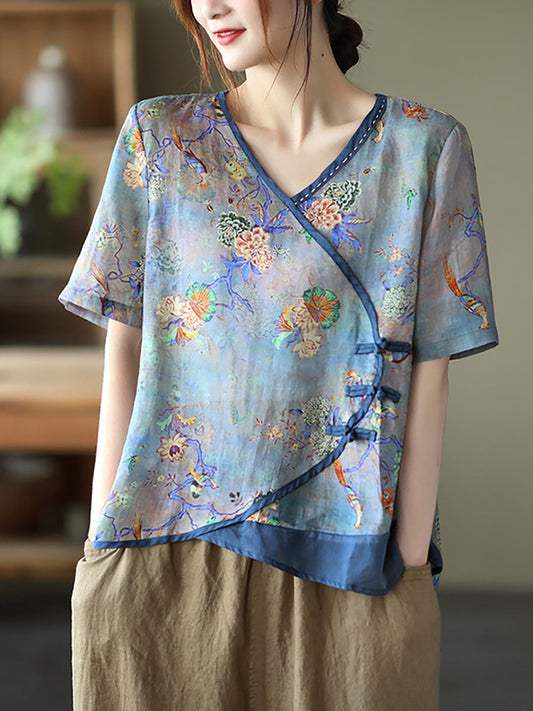 Große Größen - Ramie-T-Shirt mit V-Ausschnitt und Vintage-Nähten, kurzärmlig