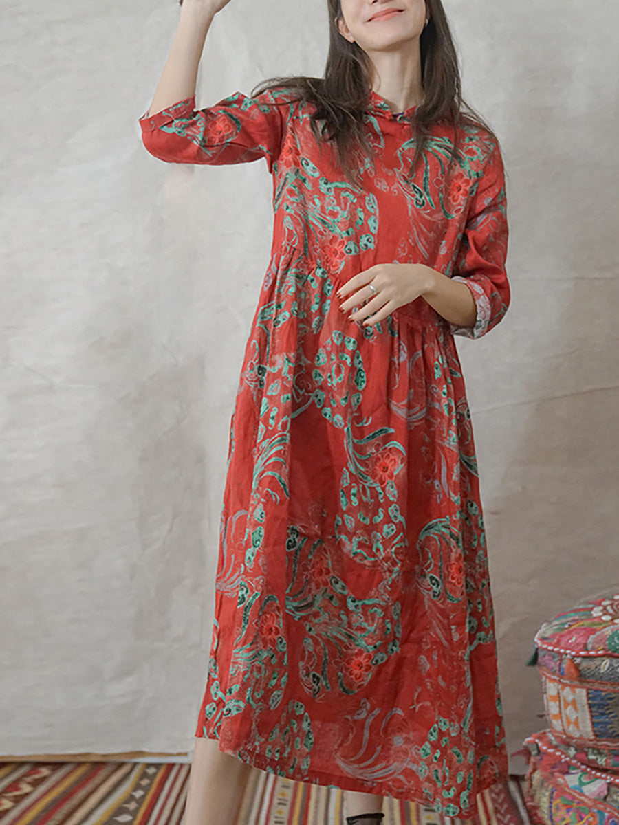 Übergröße Damen Leinenkleid mit Vintage-Print und Blumenmuster