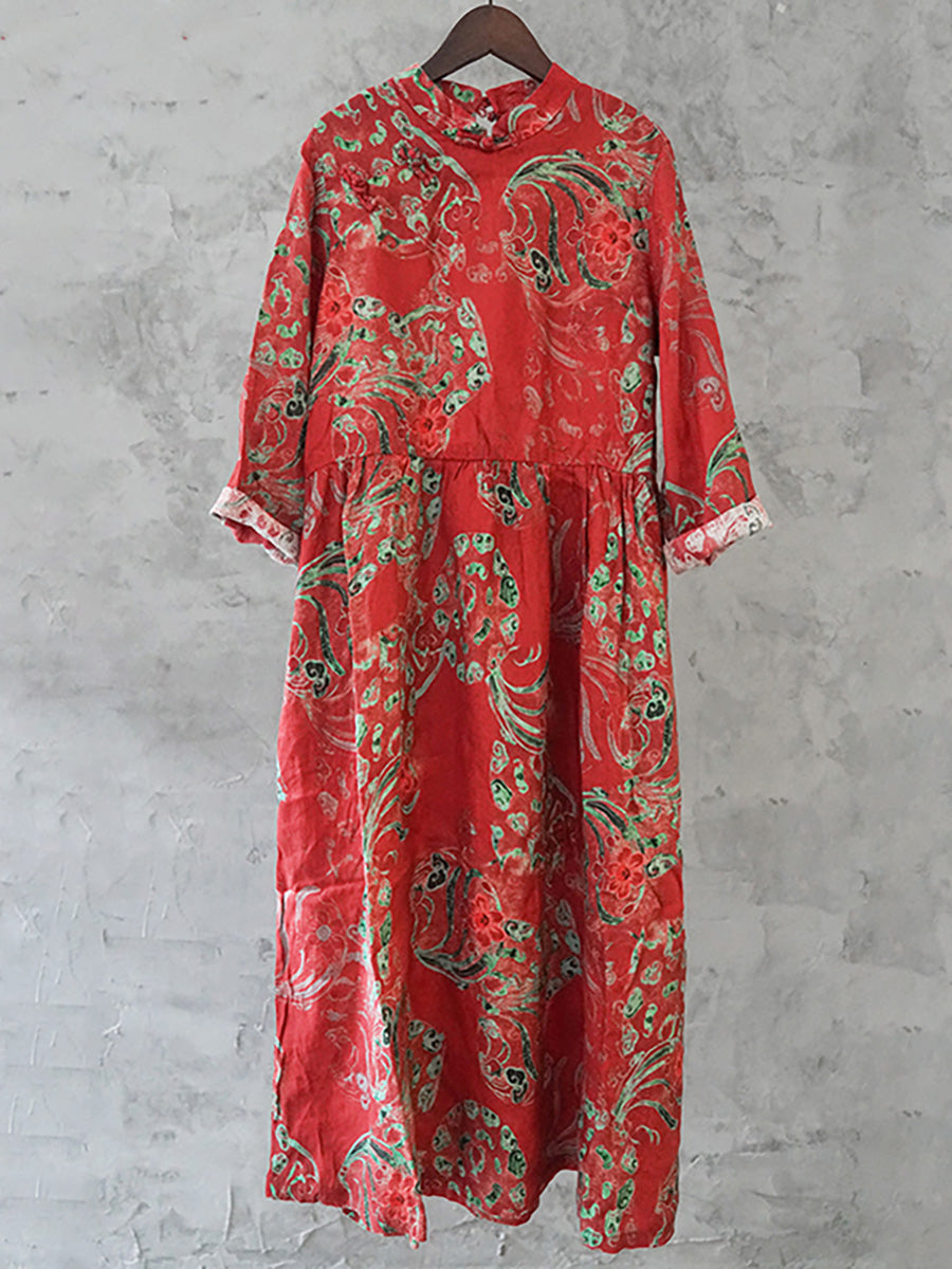 Übergröße Damen Leinenkleid mit Vintage-Print und Blumenmuster