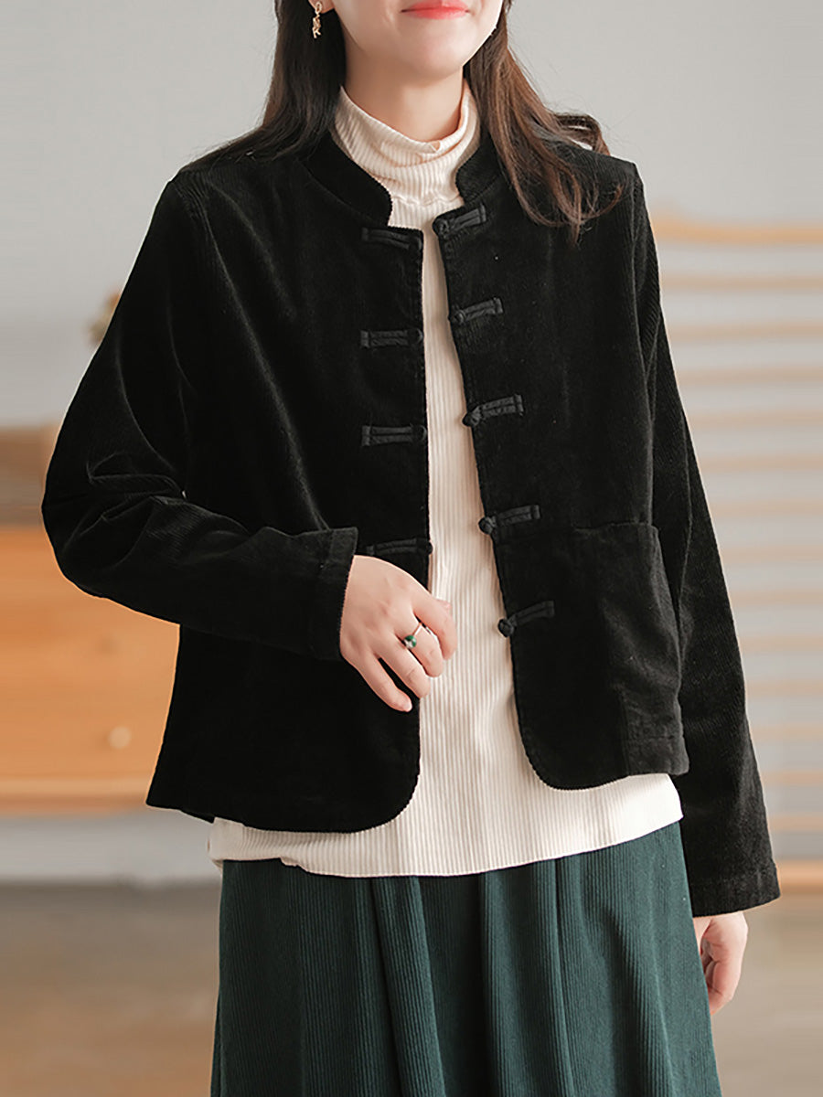 Manteau décontracté vintage en velours côtelé grande taille pour femme avec poche poitrine