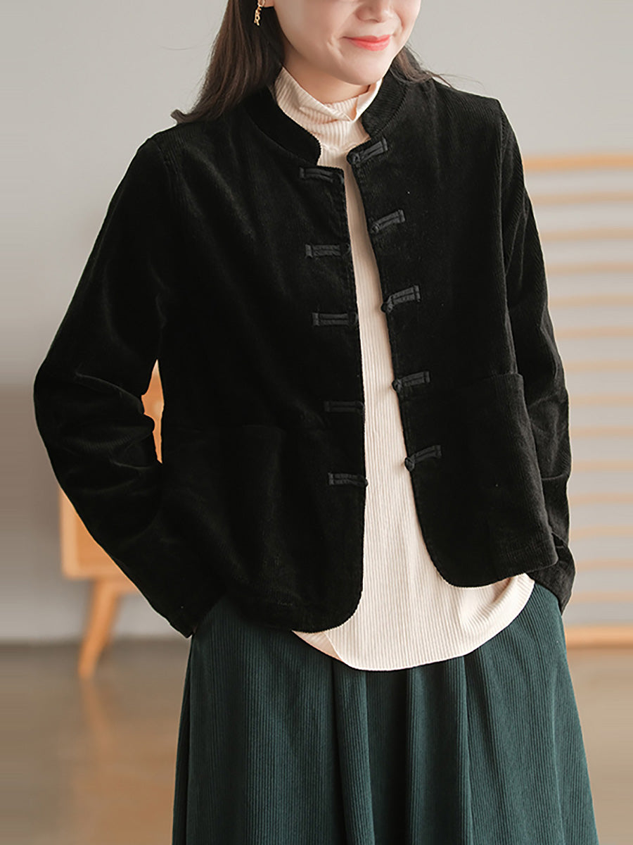 Manteau décontracté vintage en velours côtelé grande taille pour femme avec poche poitrine