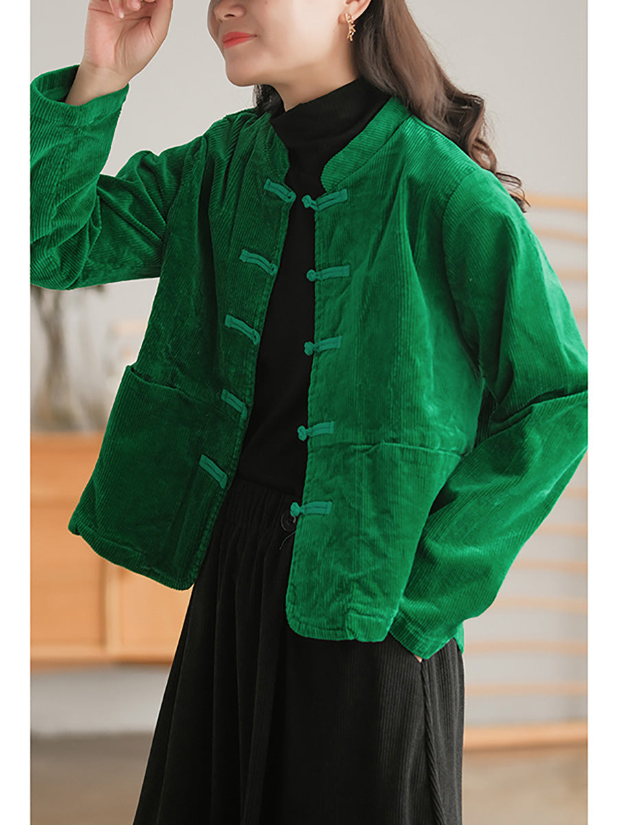 Manteau décontracté vintage en velours côtelé grande taille pour femme avec poche poitrine