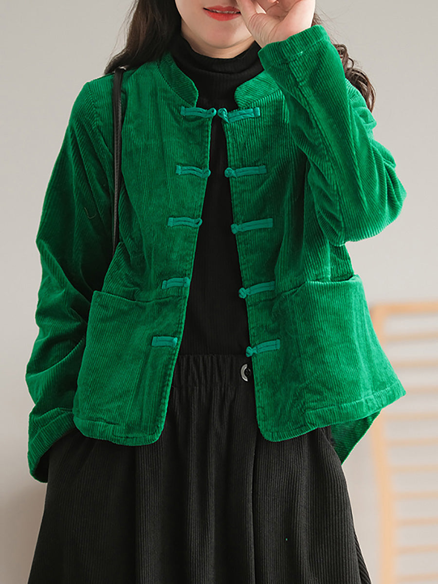 Manteau décontracté vintage en velours côtelé grande taille pour femme avec poche poitrine