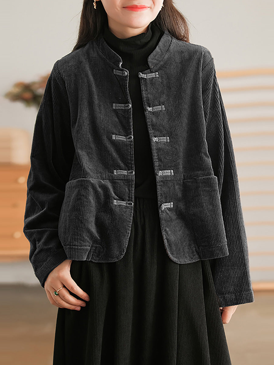 Manteau décontracté vintage en velours côtelé grande taille pour femme avec poche poitrine