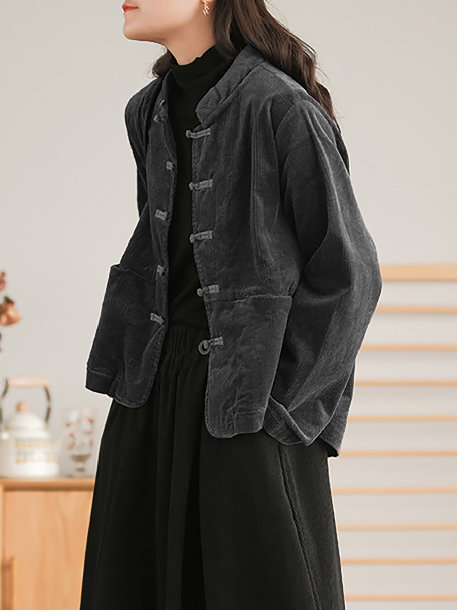 Manteau décontracté vintage en velours côtelé grande taille pour femme avec poche poitrine