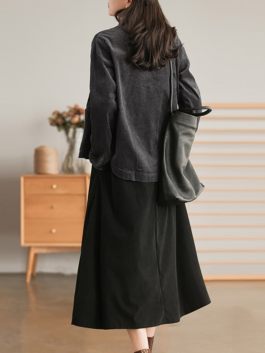 Manteau décontracté vintage en velours côtelé grande taille pour femme avec poche poitrine