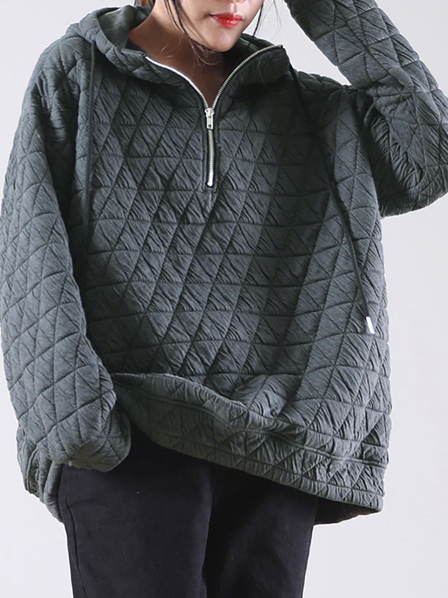 Große Größen Einfarbiges Plissiertes Kapuzensweatshirt mit Kordelzug und Reißverschluss