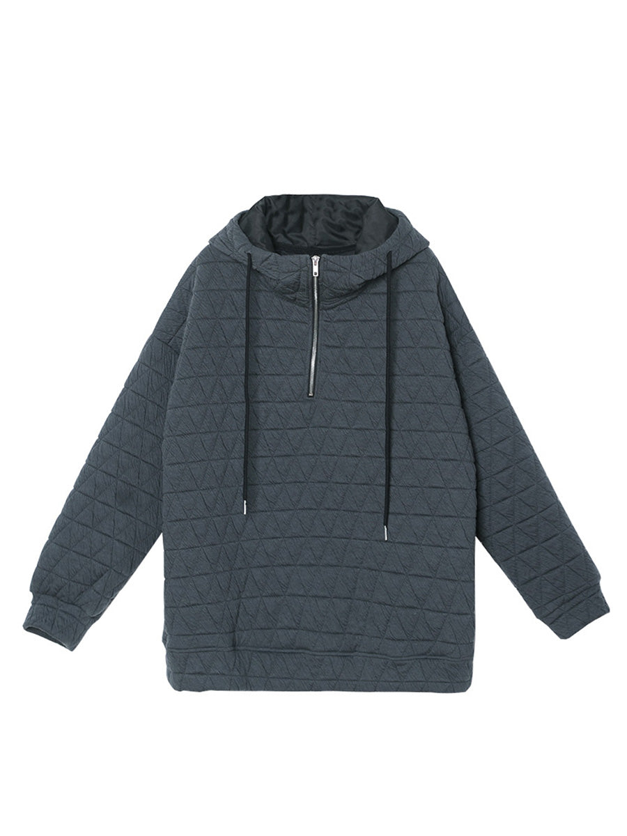 Große Größen Einfarbiges Plissiertes Kapuzensweatshirt mit Kordelzug und Reißverschluss