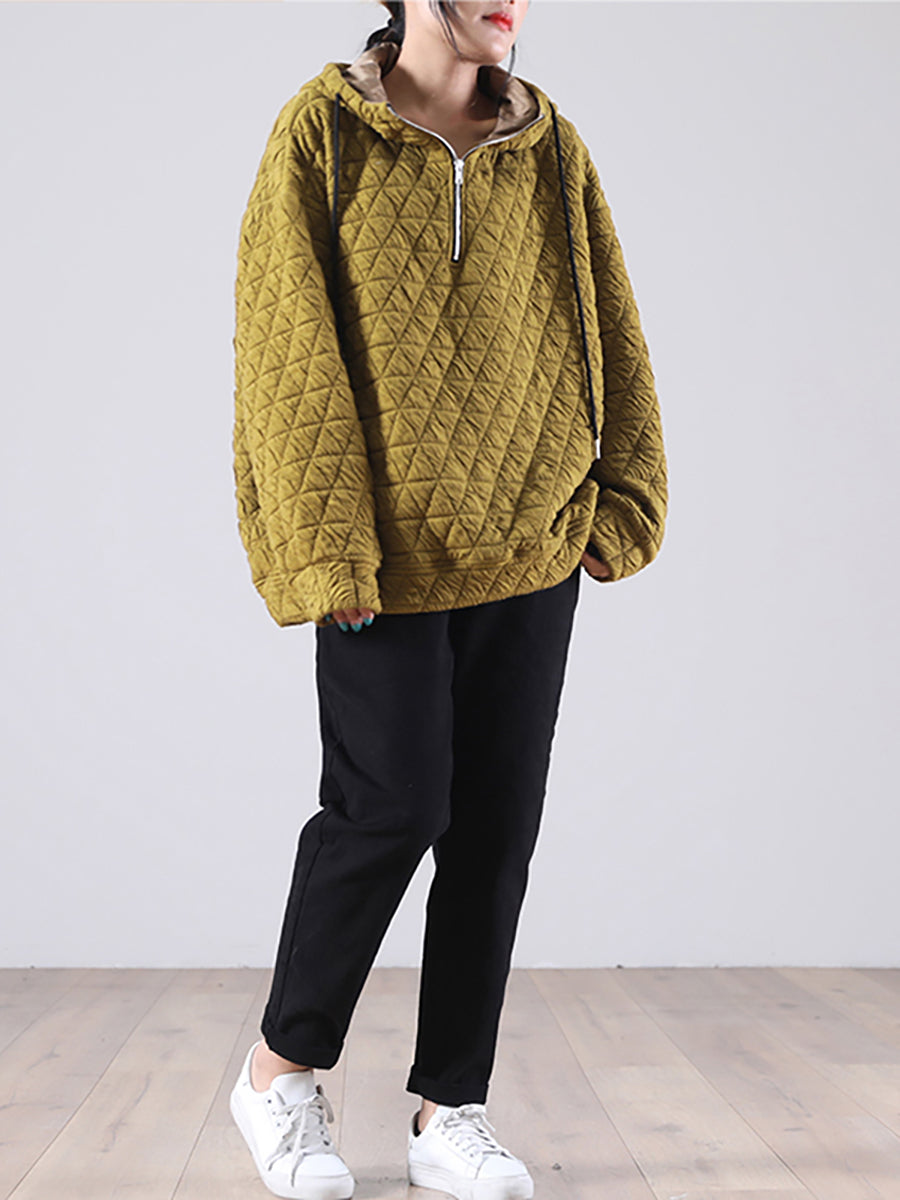 Große Größen Einfarbiges Plissiertes Kapuzensweatshirt mit Kordelzug und Reißverschluss
