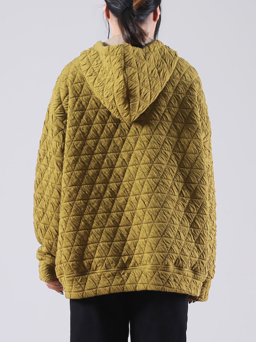 Große Größen Einfarbiges Plissiertes Kapuzensweatshirt mit Kordelzug und Reißverschluss