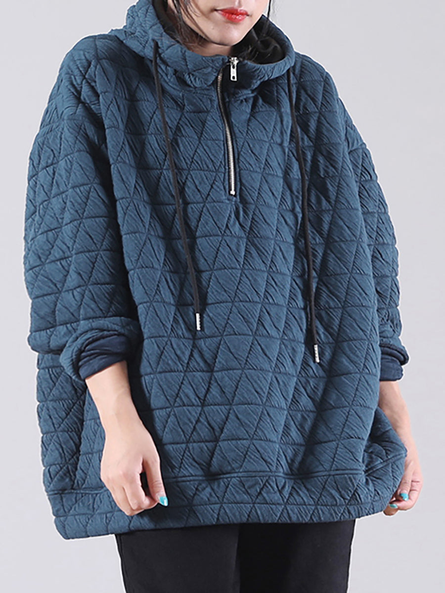 Große Größen Einfarbiges Plissiertes Kapuzensweatshirt mit Kordelzug und Reißverschluss