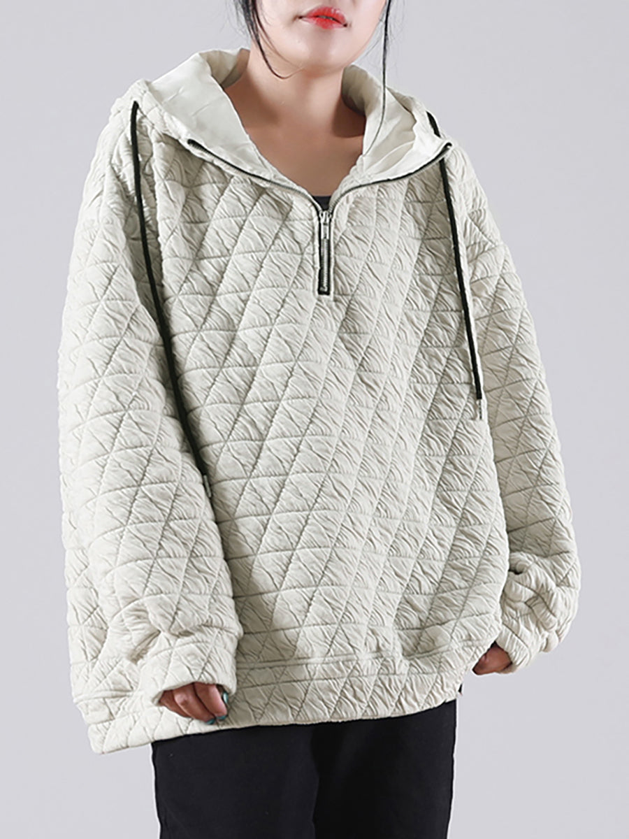 Große Größen Einfarbiges Plissiertes Kapuzensweatshirt mit Kordelzug und Reißverschluss