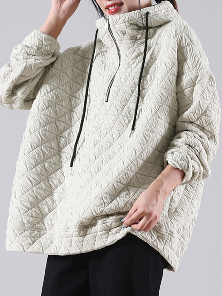 Große Größen Einfarbiges Plissiertes Kapuzensweatshirt mit Kordelzug und Reißverschluss