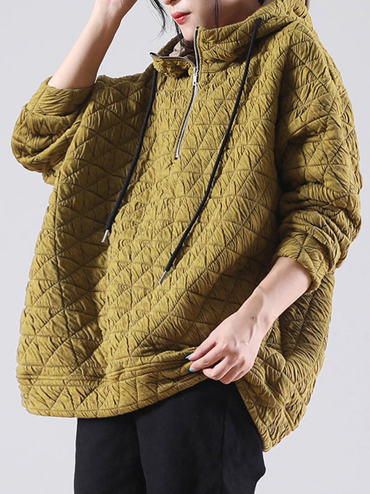 Große Größen Einfarbiges Plissiertes Kapuzensweatshirt mit Kordelzug und Reißverschluss