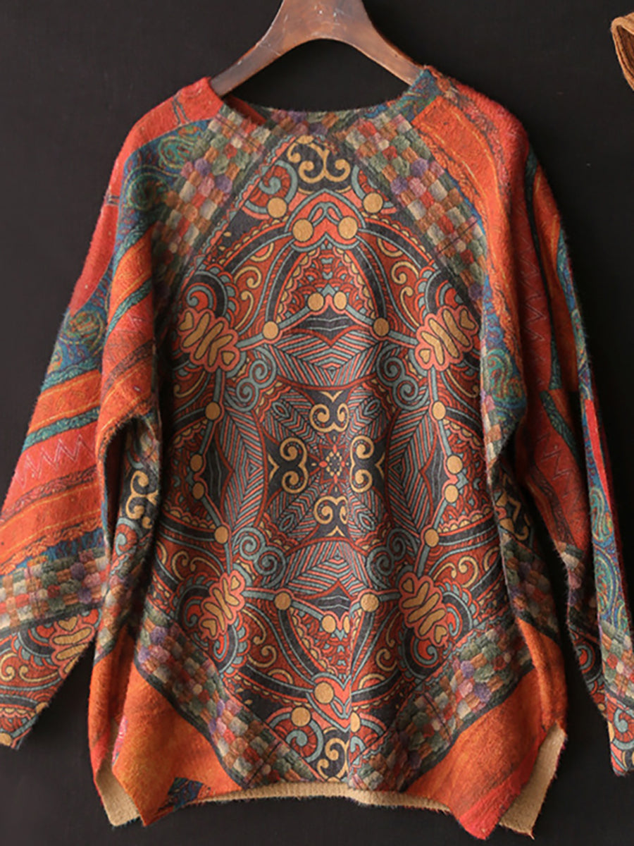 Übergröße Damen Vintage Bedruckter Pullover mit Rundhalsausschnitt und langen Ärmeln