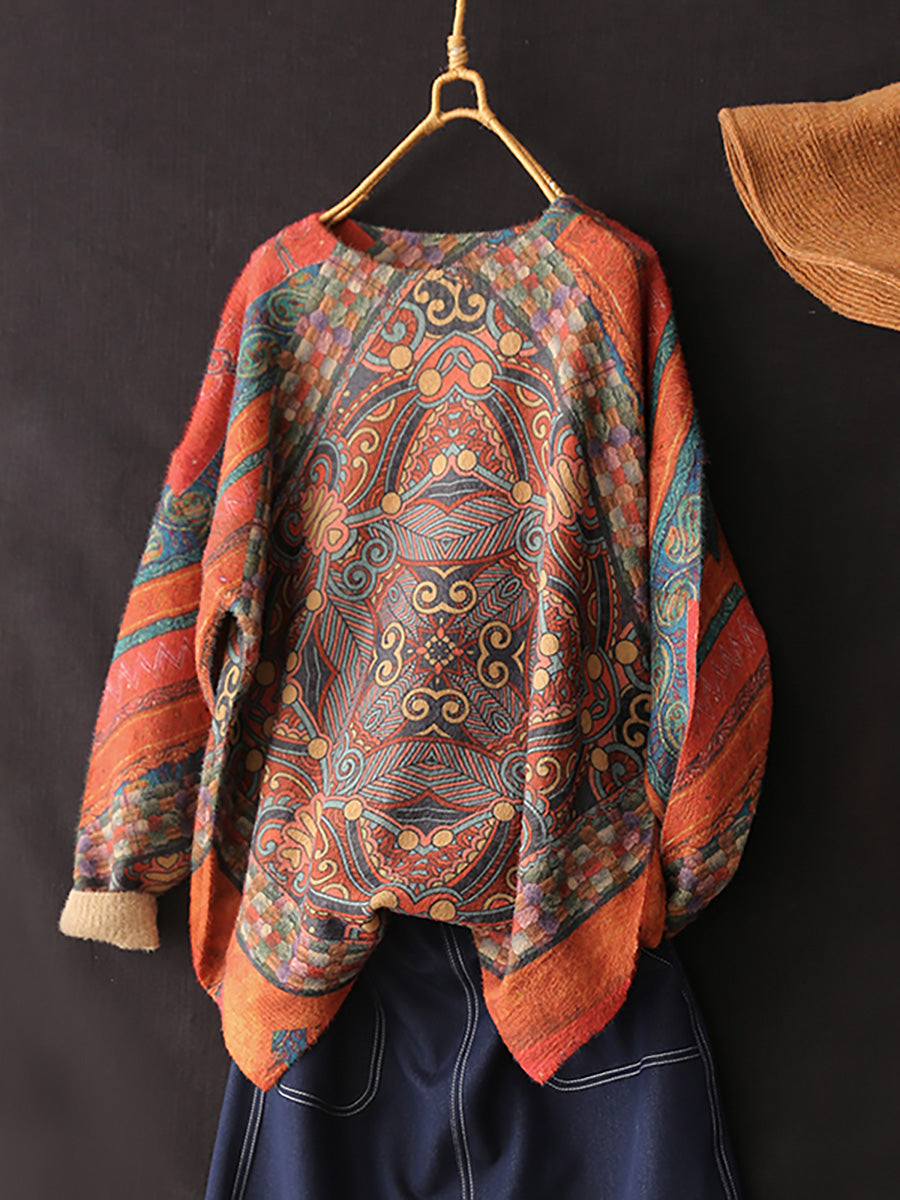 Übergröße Damen Vintage Bedruckter Pullover mit Rundhalsausschnitt und langen Ärmeln